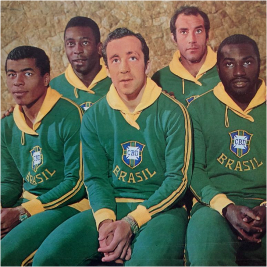 Partindo da esquerda; Jairzinho, Pelé, Tostão, Gerson e Edu. Crédito: revista Fatos e Fotos número 448 – Setembro de 1969.